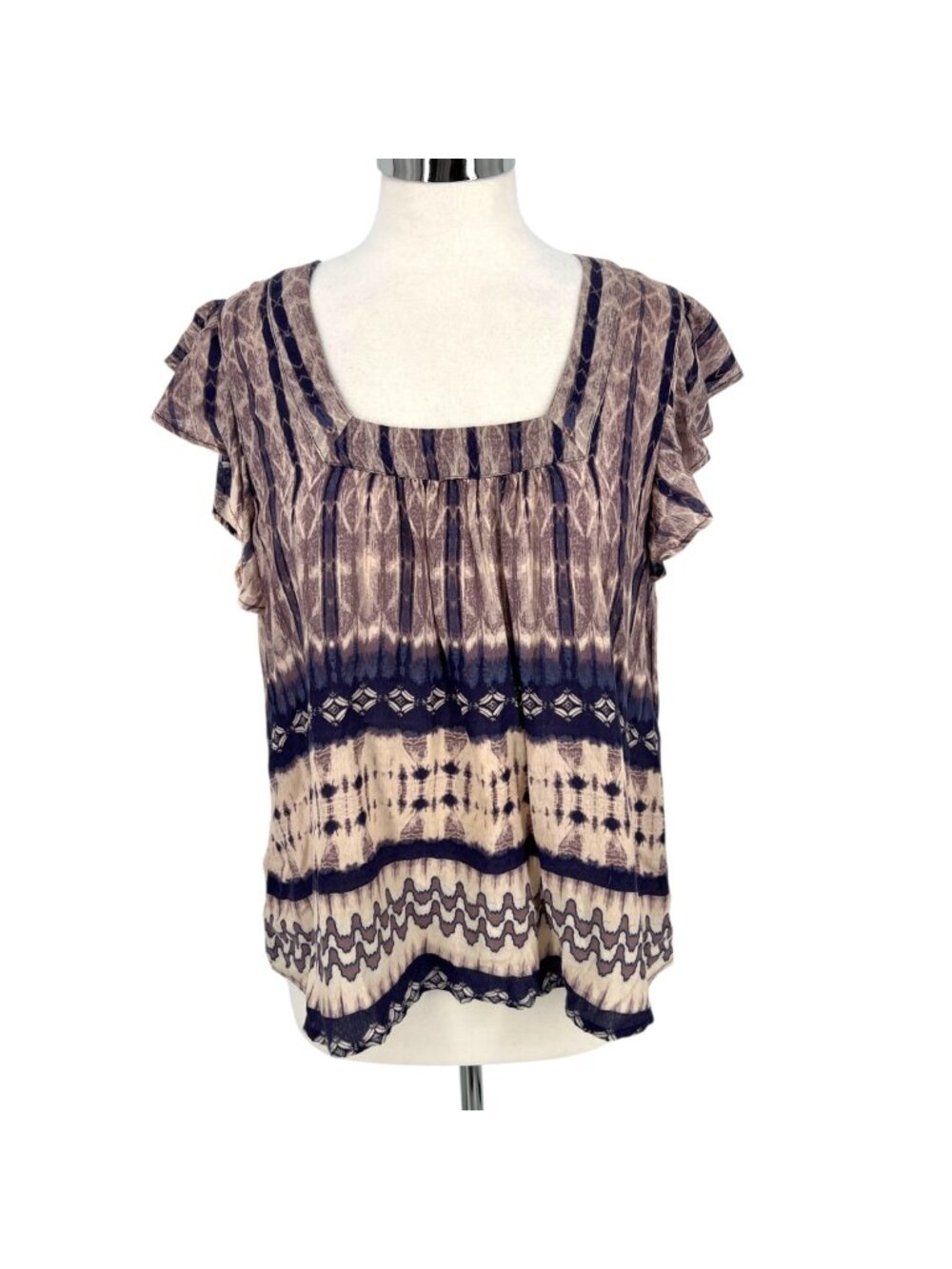 Braeve Boho Style Rayon Top Ruffle Sleeves Square Neck Purple Beige Size Medium